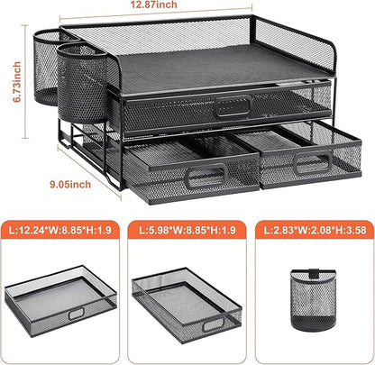 Marbrasse 3 Tier Mesh Desk Organizer with Drawer, Multi-Functional Desk Organizers and Accessories, Paper Letter Organizer with 2 Pen Holder for Home Office Supplies (Black)