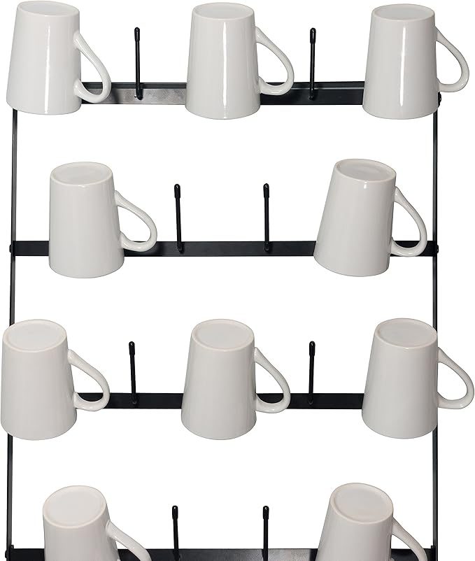 Wall Mounted Coffee Mug Rack - Large Rustic Black Iron Steel Kitchen Rack with 6 Rows - Storage for 27 Cups - Jar & Plate Holder - Vertical Display Organizer - Farmhouse Home Décor - Claimed Corner