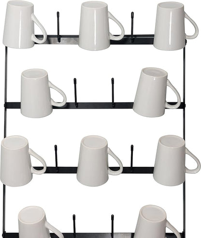 Wall Mounted Coffee Mug Rack - Large Rustic Black Iron Steel Kitchen Rack with 6 Rows - Storage for 27 Cups - Jar & Plate Holder - Vertical Display Organizer - Farmhouse Home Décor - Claimed Corner