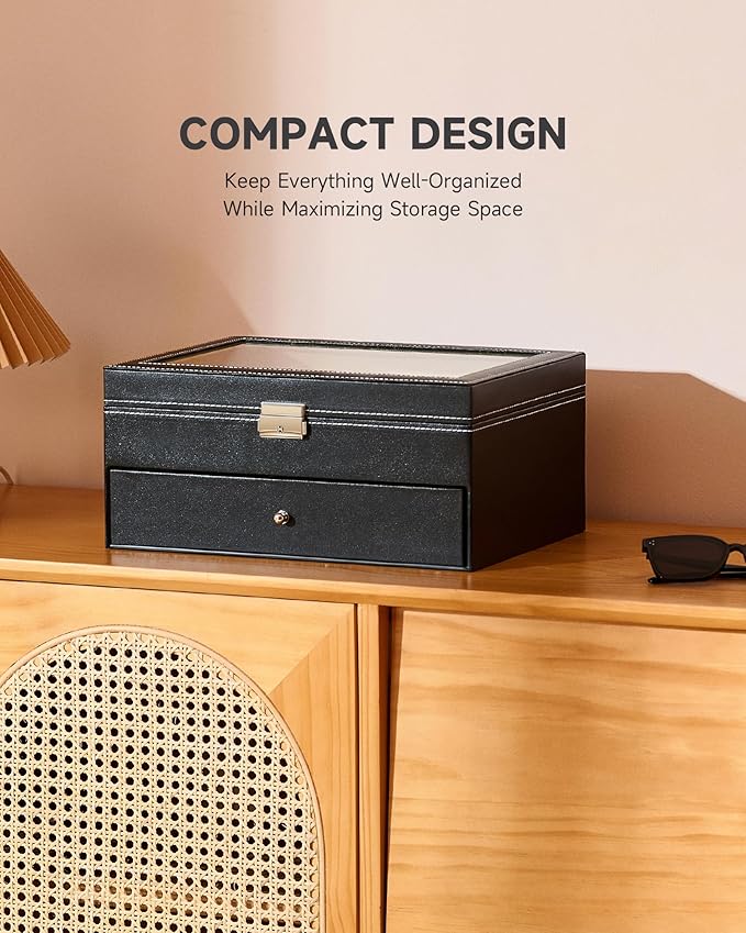 CO-Z Sunglasses Organizer, Leather Eyeglasses Storage Box for Women Men, Lockable Sunglass Display Case Holder with Drawer