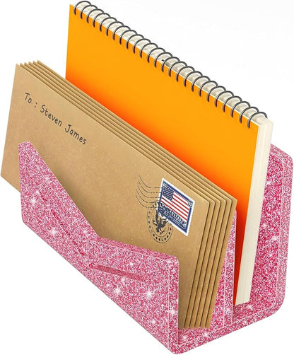 Beego Envelope and Mail Organizer Countertop - 2 Compartments Glitter Pink Acrylic Desk Organizer Letter Holder Desktop File Sorter Bill Document Folder Rack for Office, Home, School