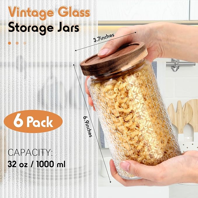 Domensi 6 Pcs Vintage Glass Jars 34 oz Glass Storage Jars with Lids Window Pattern Airtight Storage Containers for Kitchen Counter, Pantry, Coffee Bean, Grains, Tea, Sugar, Flour, Candy, Oats