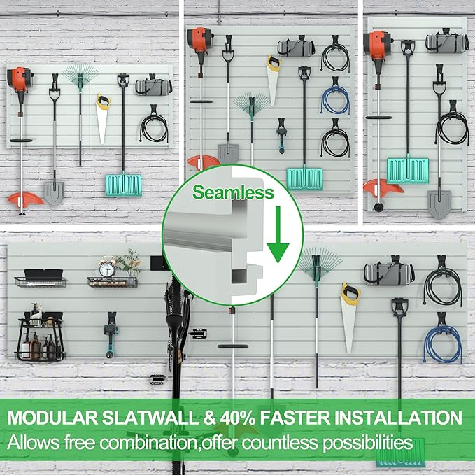 RELIANCER PVC Slat Wall Panels,4ft by 4ft (16 sqft) Garage Wall Organizer Storage System,Interlocking Slatwall Paneling Sheets,Workshop Slatwall Shelves Tools Organization,Wall Mounted Storage Rack