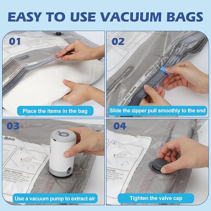 Fantictas Travel Vacuum Storage Bags with Rechargeable Air Pump, 12 Pack Portable Space Saver Bags, Compression Bags for Clothing, Bedding, Seasonal Storage & Packing Bags for Moving