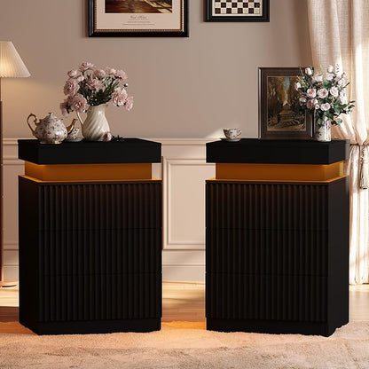 BOXACTION Black Nightstand with 3 Drawers and LED Light, Mid Century Modern Fluted Night Stand with Charging Station, Bedside Table & End Table for Bedroom