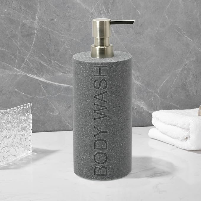Indecor Home Resin Neutral Gray Sandstone Body Wash Engraved Bottle Refillable Pump Dispenser, Durable Waterproof Resin Construction for Bath, Shower - Gray Sandstone Satin Nickel Pump