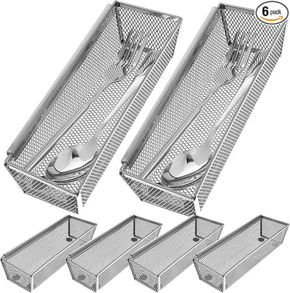 6 Pcs Mesh Silverware Drawer Organizer, Metal Drawer Organizer for Kitchen, Small Utensil Drawers Organizers with Interlocking Arm for Flatware, Knives, Spoons,Cosmetic (Silver 9 * 3 * 2 inch)