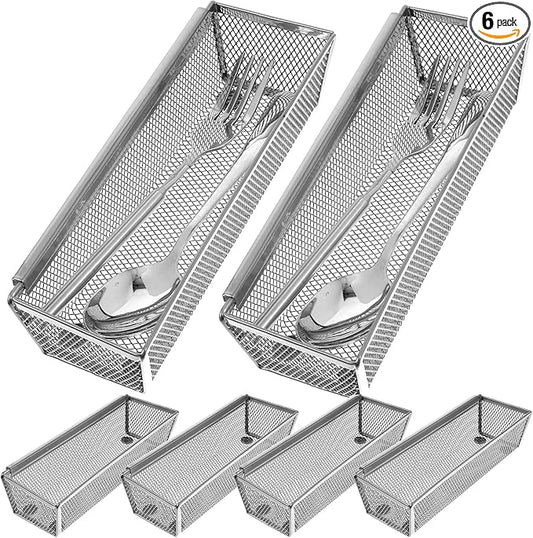 6 Pcs Mesh Silverware Drawer Organizer, Metal Drawer Organizer for Kitchen, Small Utensil Drawers Organizers with Interlocking Arm for Flatware, Knives, Spoons,Cosmetic (Silver 9 * 3 * 2 inch)
