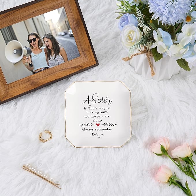 Jelershy Sister Gifts from Sister Ring Jewelry Dish - A Sister is God's Way of Making Sure We Never Walk Alone, Christmas Mother's Day Valentien's Birthday Gift for Sisters from Sisters Adult