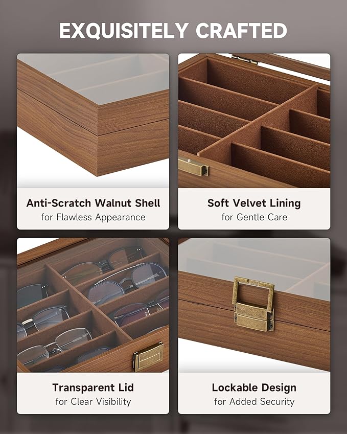 CO-Z Sunglasses Organizer with 8 Slots, Wood Eyeglasses Storage Box for Women Men, Lockable Display Case for Multiple Glasses, Glasses Holder for Watches Jewelry Collection, Walnut