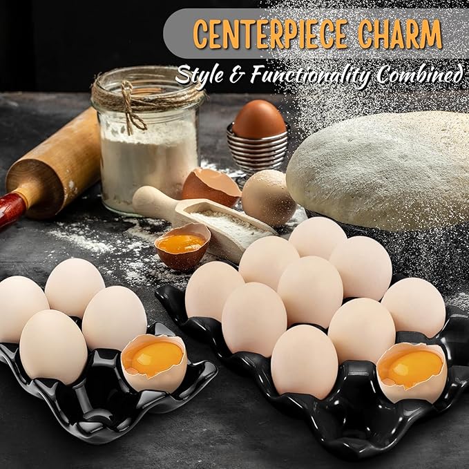 Flexzion 12 + 6 Cups Ceramic Egg Holder for Fridge - 18 Porcelain Egg Tray Container Keeper Storage Organizer Decorative Serving Stand Serveware for Refrigerator Countertop Display Kitchen (Black)