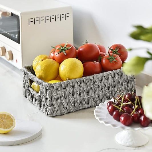 GRANNY SAYS Wicker Baskets for Storage, Waterproof Storage Baskets, Odorless Wicker Basket with Handles, Decorative Storage Containers, Gray Basket for Pantry Storage, 2-Pack