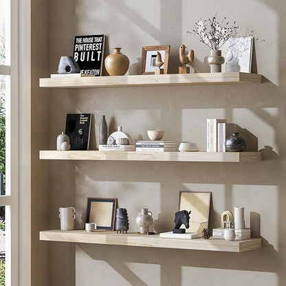 Fun Memories 36 Inch Floating Shelves for Wall, Deep Rustic Solid Wood Floating Shelves for Storage - Farmhouse Wall Mounted with Heavy-Duty Metal Bracket, 36" W x 8" D, Set of 2,Unfinished for DIY
