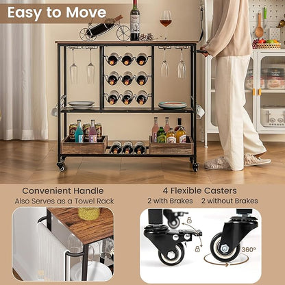 Giantex Bar Cart, 3 Tier Home Serving Cart on Wheels with Handle, Glass Racks, Wine Holders, Hooks & Storage Boxes, Industrial Rolling Beverage Cart for Kitchen, Dining Room, Living Room, Rustic Brown