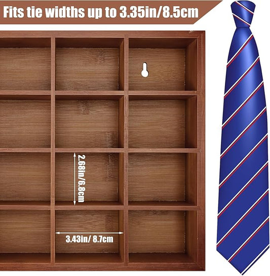 Wesiti Tie Box Organizer Wall Mounted Tie Rack with 16 Compartments Bamboo Belt Holder for Men Scarf Necktie Home Wall Closet (Dark Brown Color,1 Piece)