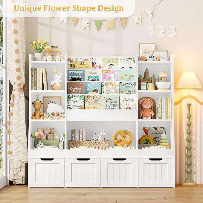 FINETONES Toy Storage Kids Bookshelf, Toy Organizer Book Shelf for Kids Room with 4 Movable Drawers and 7 Storage Cubbies, Playroom Storage Toy Storage Cabinet for Living Room, White