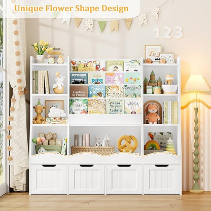 FINETONES Toy Storage Kids Bookshelf, Toy Organizer Book Shelf for Kids Room with 4 Movable Drawers and 7 Storage Cubbies, Playroom Storage Toy Storage Cabinet for Living Room, White