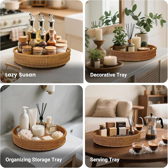 12 Inch Rattan Lazy Susan Turntable Organizer, Round Rotating Wicker Serving Tray with Handles for Kitchen Counter, Coffee Table, Cabinet Storage