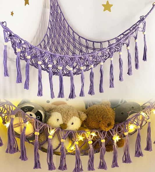 Stuffed Animal Hammock Corner with LED Light - Toy Storage Hammock Plushie Net Organizer - Teddy Bear Stuffy Hammock - Purple Nursery Decor Baby Kids Bedroom Nursery Furniture