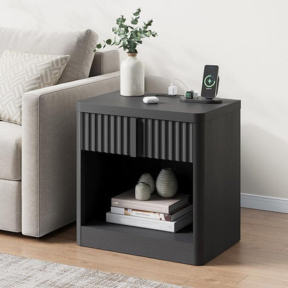 Harpaq Fluted Nightstand with Charging Station, 23.6" End Table with Solid Wood Handle, Curved Profile Design, Mid Century Moden Bedside Table for Bedroom, Black