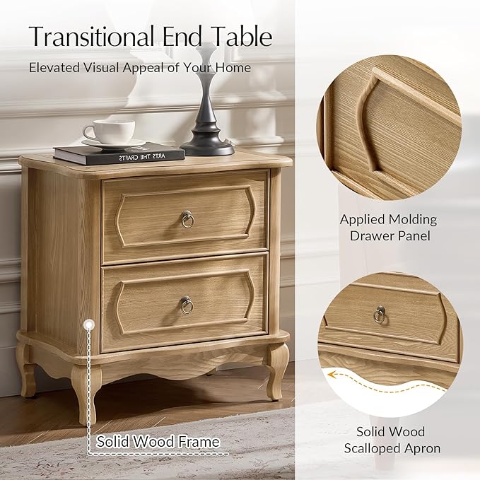 HULALA HOME Nightstand with 2 Drawers of Sculpted Drawer Front, French End Table with Curved Tabletop, Vintage Night Stand with Charging Station, Solid Wood Legs(Oak)