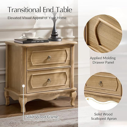 HULALA HOME Nightstand with 2 Drawers of Sculpted Drawer Front, French End Table with Curved Tabletop, Vintage Night Stand with Charging Station, Solid Wood Legs(Oak)
