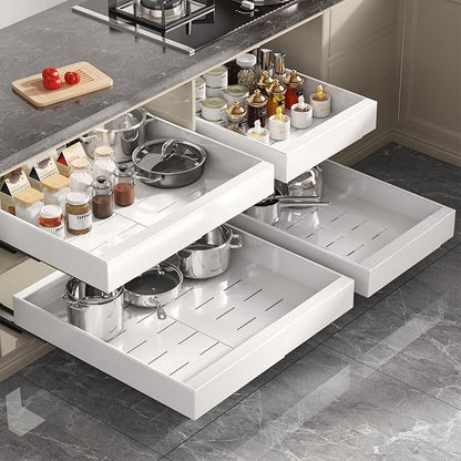 Seinloes 1 Pack Pull Out Cabinet Organizer 22" Deep,Full Extension 3 Slide Rails Slide Out Drawers With Raising Pad for Framed Cabinets,Expandable Width (12.3"-20.5"),No Drill Roll Out shelf,White