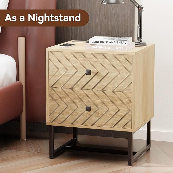 HOCAT Modern Nightstand Set of 2,Morden Night Stand with 2 Drawers,End Tables with Storage,Bedside Tables for Bedroom,Oak