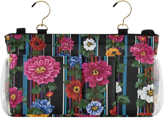 CuwrYet Bedside Caddy Hanging Bunk Bed Caddy Bed Organizer Hanging Pocket with 2 Hooks Bedside Storage Organizer Pocket Bag Holder Mexican Flowers Stripe