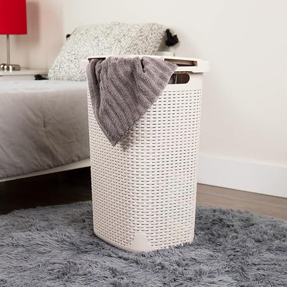 Mind Reader Slim Laundry Hamper with Lid, 60L Clothes Baskets, Premium Wicker Design, Plastic, 2-Pack, Ivory