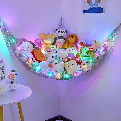 Unicorn Castle Stuffed Animals Net or Hammock Kids Toy Storage Organizer with LED Light Hanging Corner Stuffed Animals Holder Kids Girls Room Decor,Grey,Large (Pack of 1)