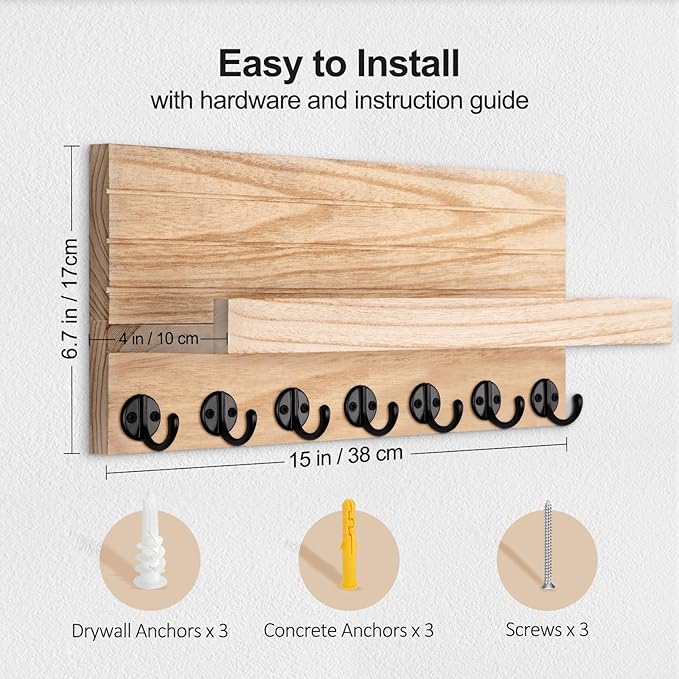 Key Holder Wall Mount, Entryway Key and Mail Holder with 7 Sturdy Hooks for Sunglasses, Dog Leash, Decorative Wall Shelf with Mounting Hardware, 15”W x 6.7”H x 4.2”D (Wood)