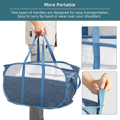 Collapsible Laundry Baskets, Tear Proof Pop Up Laundry Hamper with Dual Handles, Durable Foldable Laundry Basket, Easy to Carry Laundry Hamper for Home, Laundry Room, Bedroom, Dorm, Travel Blue