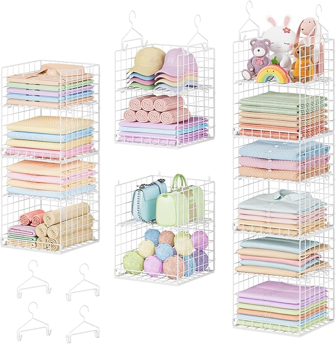 6 Tier Hanging Closet Organizer, Sweater Organizer for Closet, Stackable Wire Storage Basket Bins for Clothes Purse Shoes, Hanging Shelves with 4 Hooks & 3 Dividers Adjustable