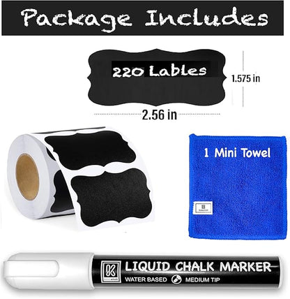 Chalkboard Labels Roll for Jars 220pcs Wavy Shape - Waterproof Reusable Chalk Sticker Labels for Containers Storage Jars - Includes Erasable Liquid Chalk Marker & Mini Towel