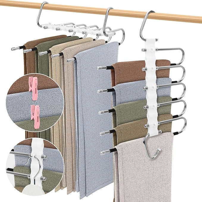 SAN LIKE 2 Pack 5 Layers Pants Hangers Space-Saving Stainless Steel Closet Hangers 20pcs Fixed Clips Non-Slip Multi-Functional Pants Rack Two Hanging Modes for Trousers Jeans Leggings Scarf Skirts