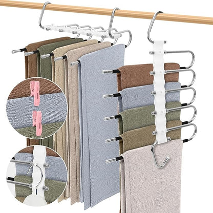 SAN LIKE 2 Pack 5 Layers Pants Hangers Space-Saving Stainless Steel Closet Hangers 20pcs Fixed Clips Non-Slip Multi-Functional Pants Rack Two Hanging Modes for Trousers Jeans Leggings Scarf Skirts