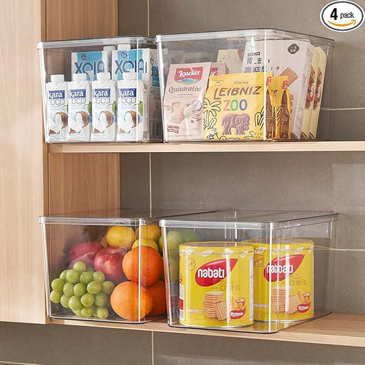 4Extra Storage Bins with Lids,storage boxes for Shelves Office Bathroom,Stackable Lidded Storage Boxes for Cabinets, Clothes, Hats(4Extra Large)