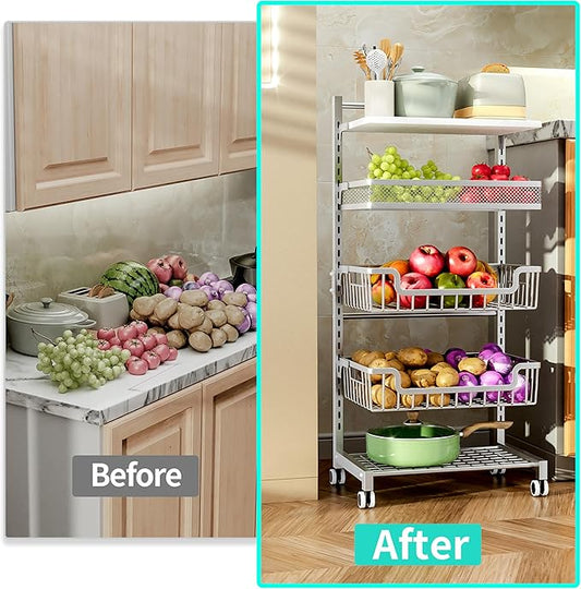 HapiRm Fruit Basket Kitchen Cart - 5 Tier Adjustable Vegetable Storage Rack, Large Capacity Rolling Kitchen Carts on Wheels for Snack Onion and Potato Storage