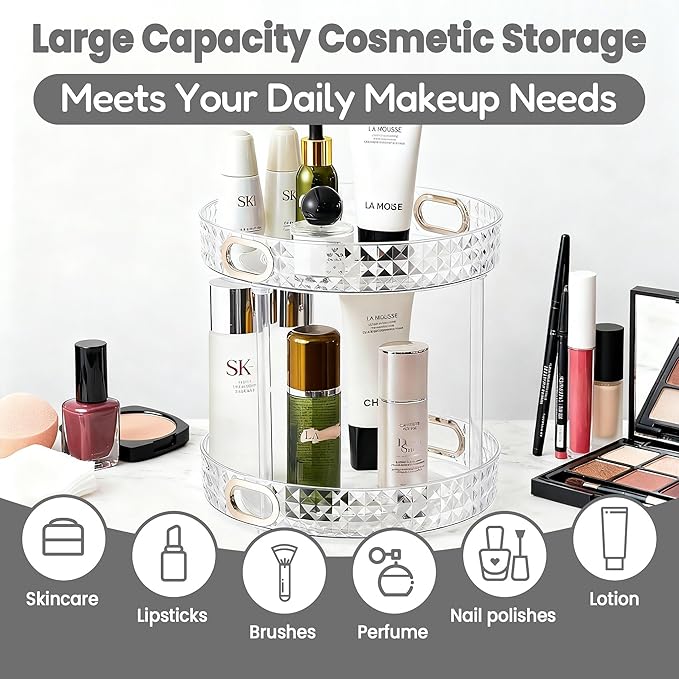 HsaExtriva 360 Rotating Makeup Organizer for Vanity, 2 Tier Diamond Patterned Perfume Organizer for Women, Large Capacity Skincare Lotion Cosmetic Storage Dresser Bathroom Countertop Lazy Susan, Clear