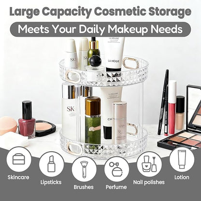 HsaExtriva 360 Rotating Makeup Organizer for Vanity, 2 Tier Diamond Patterned Perfume Organizer for Women, Large Capacity Skincare Lotion Cosmetic Storage Dresser Bathroom Countertop Lazy Susan, Clear