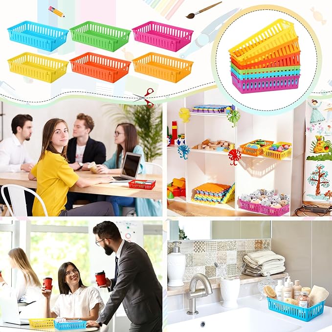 Wenqik Set of 12 Plastic Baskets for Organizing 10.24 x 6.5 x 2.36 Inch Rectangular Trays Plastic Organizer Bins Rectangle for Desk Organization (Colorful)