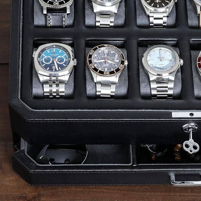 ROTHWELL 12 Slot Leather Watch Box with Valet Drawer - Luxury Watch and Jewelry Case Display Organizer, Microsuede liner, Mens Locking Storage Holder Large Glass Top (Black/Grey)