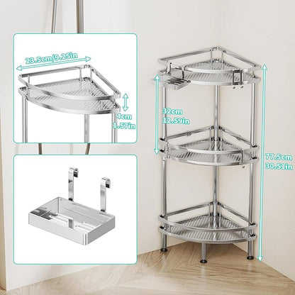HapiRm Standing Corner Shower Caddy - 3 Tier Shower Organizer Corner with Soap Holder and 4 Hooks, Rustproof Bathroom Storage Shelves with Adhesives, Silver
