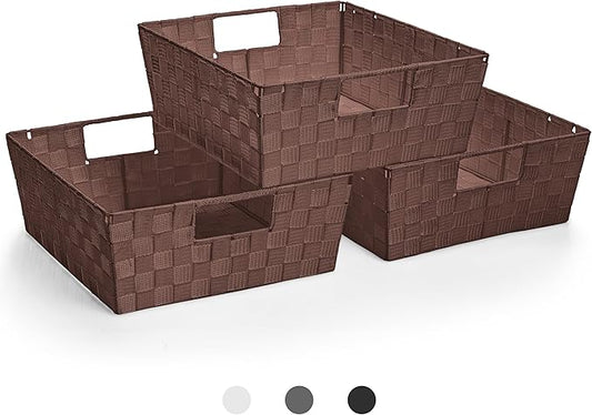 Sorbus Set of 3 Large Woven Storage Baskets – Mesh Hand-Woven Baskets for Organizing, Fabric Storage Bins for Linen Closet Organizer, Storage Baskets for Shelves and Home Organization (Chocolate)