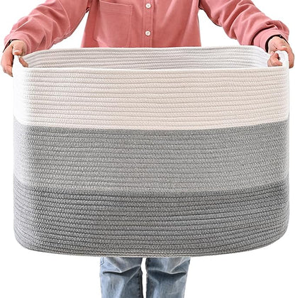 Extra Large Blanket Basket Living Room, Rectangle Storage Basket, Large Woven Baskets for Storage, Cotton Rope Basket for Toys, Clothes, Gradient Grey - 25”x16”x16” (105L)