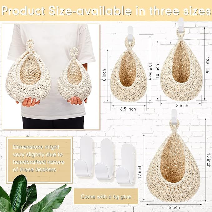 Honeydak Hanging Wall Basket Teardrop Hanging Baskets Onion Basket Coat Bohemian Storage Fruit Wall Hooks for Kitchen Wall Home Restaurant Storage Vegetable, 3 Sizes(White)