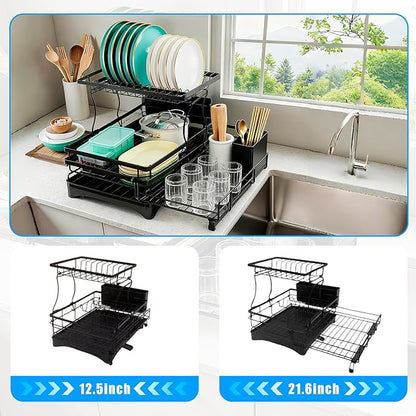 Suouezi Extendable 2 Tier Stainless Steel Dish Drying Rack | Large Over-The-Sink Rust-Resistant Rack | High Capacity with Utensil Holder | Efficient Kitchen Counter Organization & Space Saving