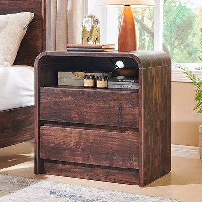 Aitjunz 25" Tall Modern Nightstand with Charging Station, 23.6'' Wide Wood Bedside Table w/2 Storage Drawers, Large Mid Century End Table for Bedroom, Living Room, Curved Profile Design, Brown