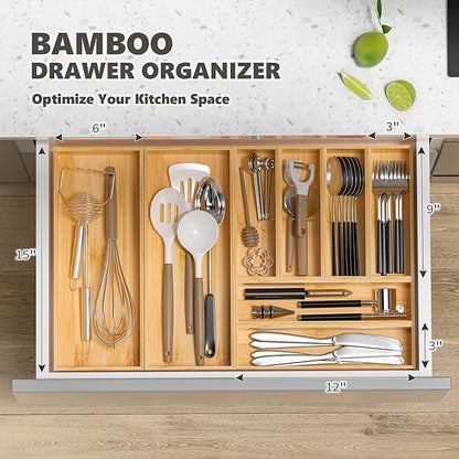 Kitchen Drawer Organizer Tray, Stackable Bamboo Deep Drawer Organizer for Large Silverware, Utensils, Cutlery, Flatware,Junk Drawer, Dresser, Bathroom, 17" x 6" x 2.5" (Set of 2)